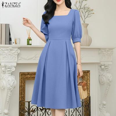 Women Casual Square Collar Summer Half Sleeve Dress