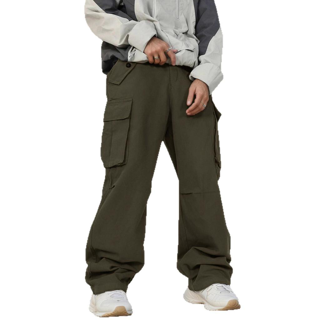 Retro Big Pocket Paratrooper Overalls Men's Fashion Straight New Loose Micro-horn Casual Pants
