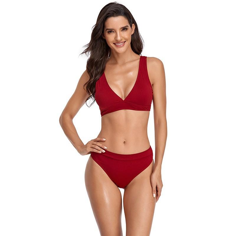 26 Solid Color Split Swimsuit Female Sexy Gathered Tight Bikini Backless High-end