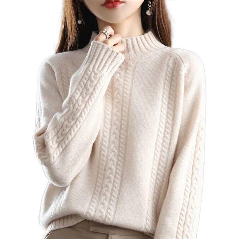 Women's Thick Cable Knit Pullover - Half-High Neck Sweater for Autumn & Winter