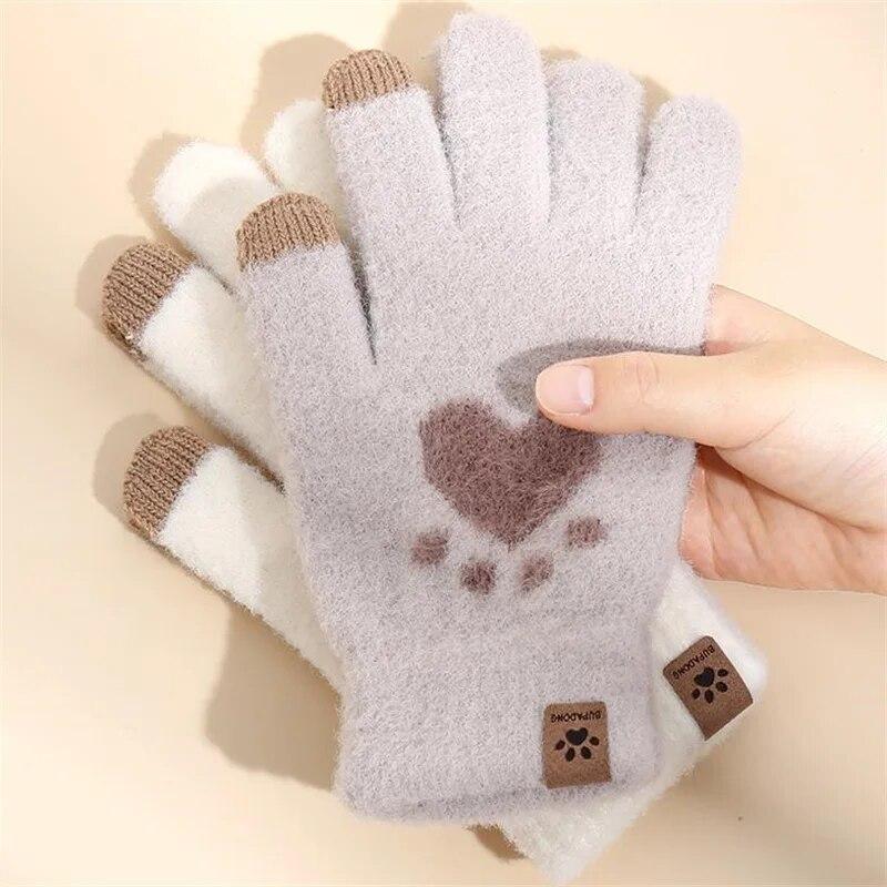 Fashion Cat Paw Printing Gloves Mobile Phone Touchscreen Knitted Gloves Winter Thick & Warm Adult Soft Fluffy Gloves Men's Women