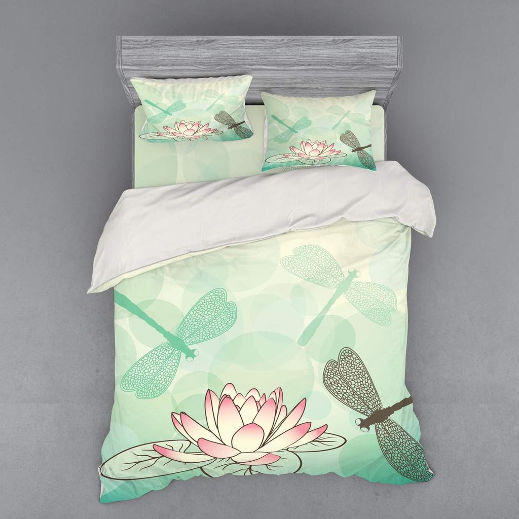Dragonfly and Lotus Duvet Covers for Kids Teens Lightweight Quilt Covers Blossom Flowers Pond Natural Scenery Animal Bedding Set