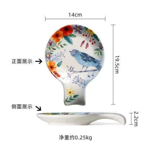 Specialty Restaurant Ceramic Plates, Creative Spoon Shaped Flower and Bird Patterned Snack Plates, Irregular Dessert Plates