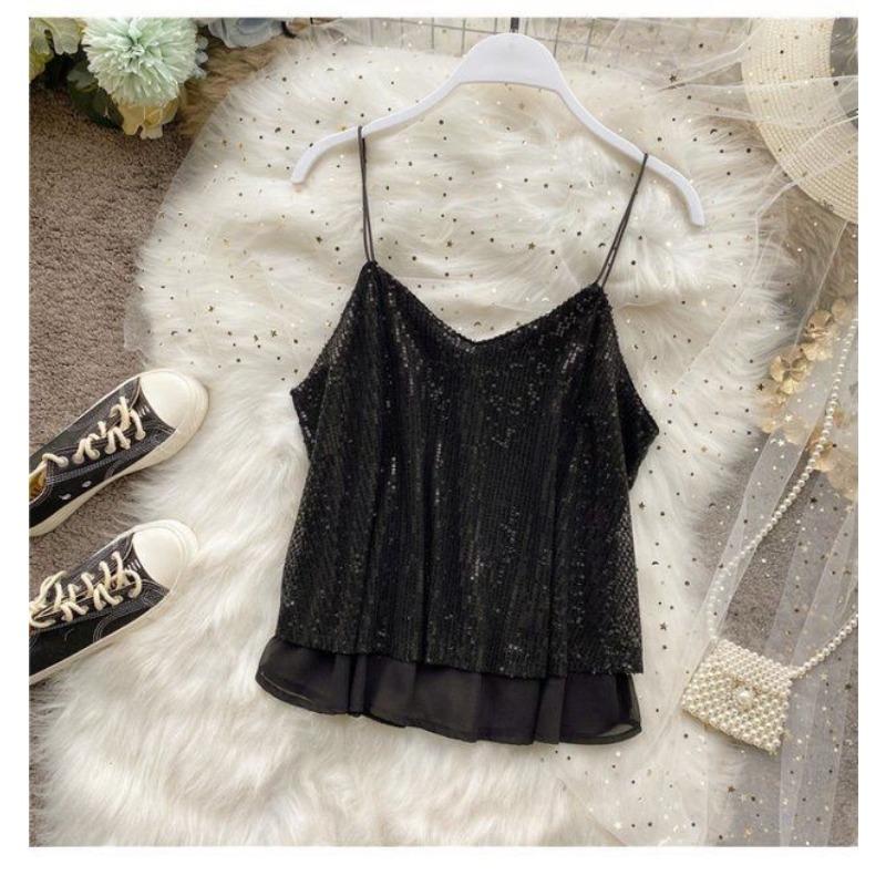 Sexy rückenfreies Pailletten-Camisole Damen Locker Ärmellos Kurzes Unterhemd
