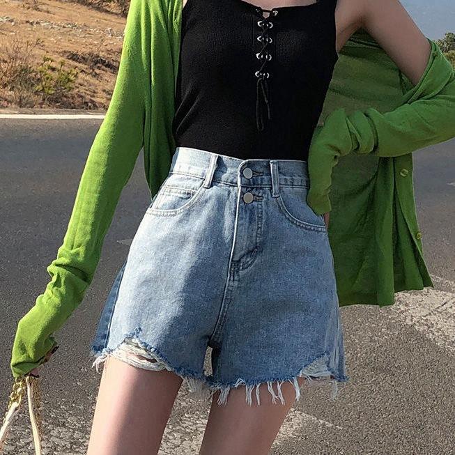 Wowen Pants Classic and Minimalist Fashion Versatile Broken Holes Female Summer Loose High-waisted Thin Thin Section A Word Wide-legged Denim Shorts