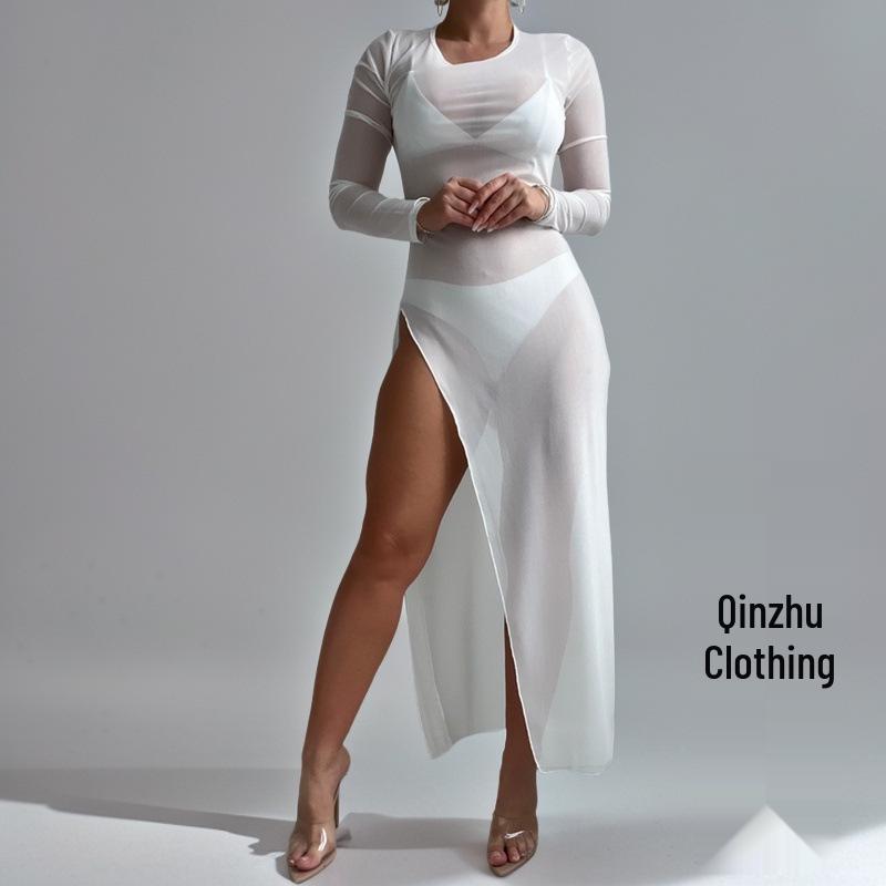 2024 Beach Vacation Mesh Swimsuit Long Cover-Up Dress - Sexy Round Neck Transparent Bikini Cover-Up
