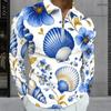Men Plus Size Long Sleeve Quarter Zip Polo Shirt Blue Seashell Floral Print