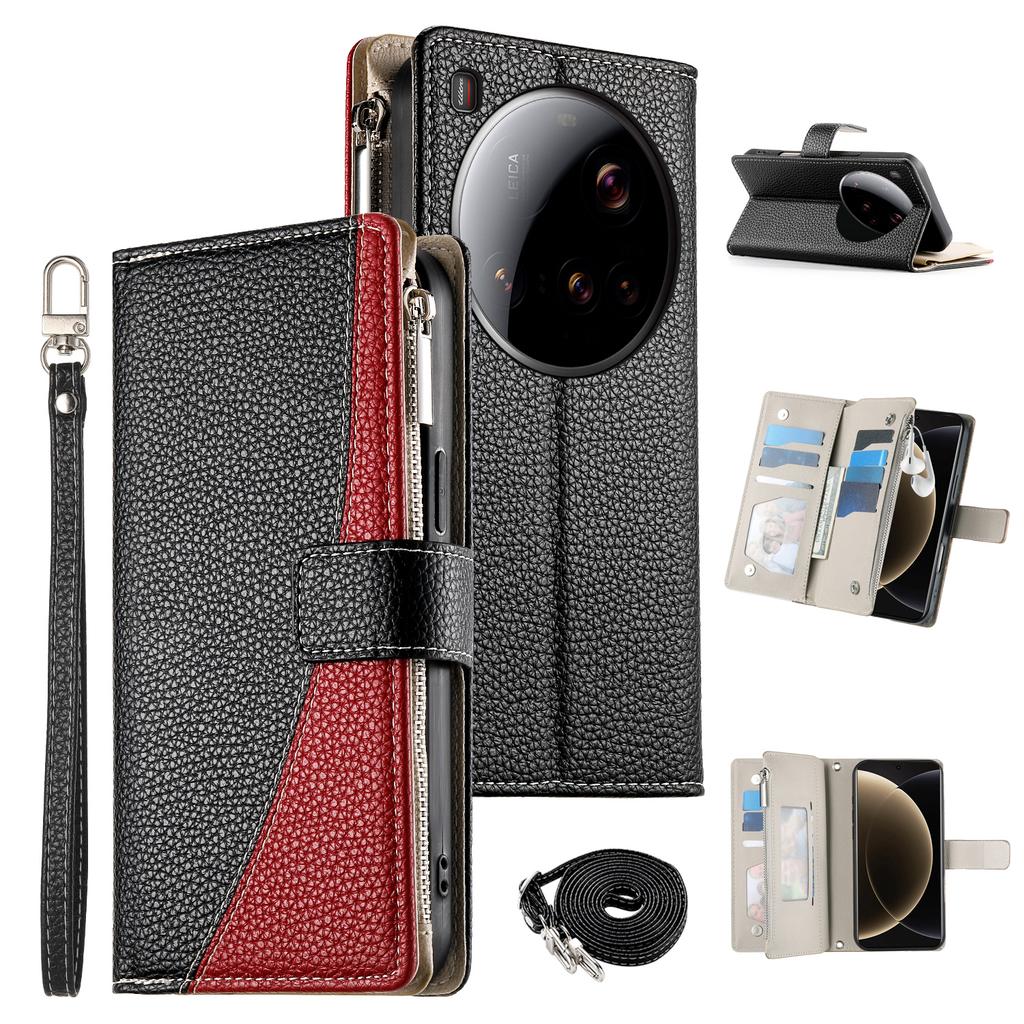 For Xiaomi 15 Ultra Case Zipper Wallet Color Splicing Leather Flip Phone Cover with Straps