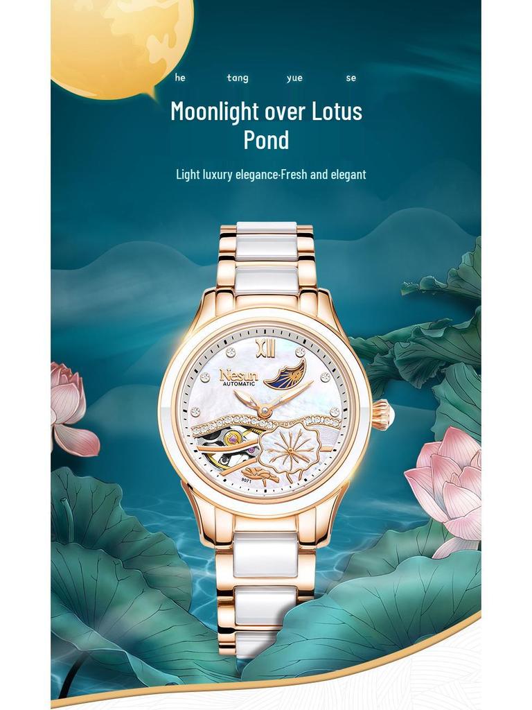 Montre Mécanique Automatique pour Femme NESUN - Élégante, Lumineuse, Étanche, Design Squelette pour Cadeau de Saint-Valentin