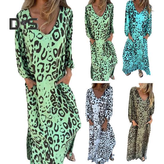 Women's Leopard Print Dress V-Neck Long Sleeve Maxi Dress Casual Loose Fit Spring Summer Dress for Office Daily Wear Vacation Party
