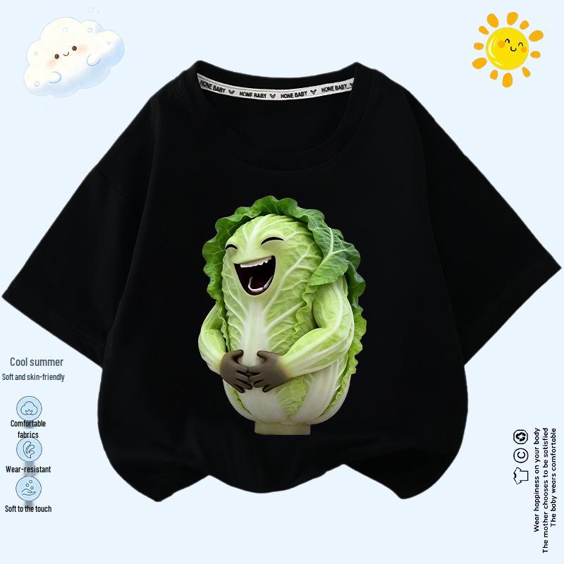 Kids' Smiling Cabbage Short Sleeve T-shirt - Fun Veggie Print, Lightweight, Unisex