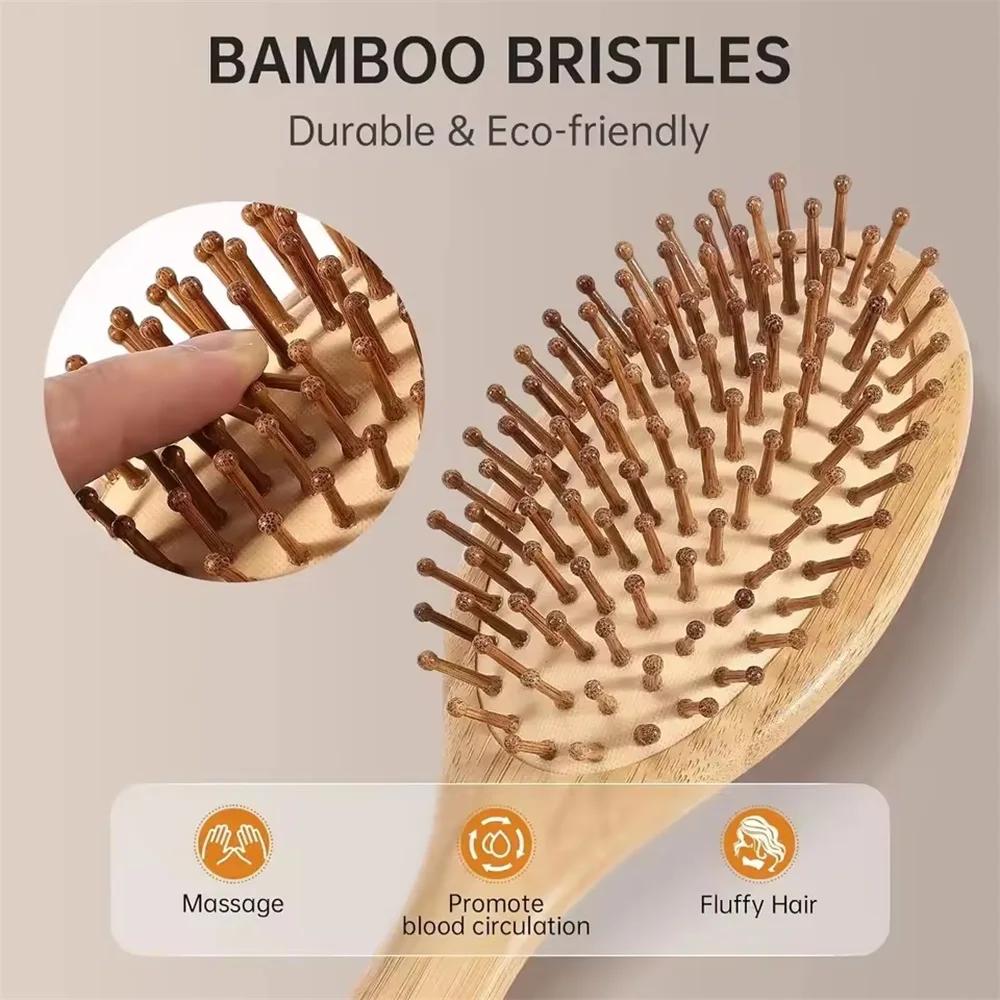 Wooden Bamboo Paddle Hair Brush Natural Air Cushion Scalp Massage Comb Detangling Anti-Static Hairbrush For Real Hair Wig