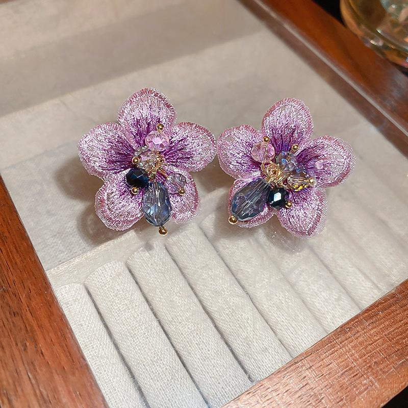 Silver Needle Fabric Flower Glass Fringed Earrings Medium Antique Temperament Stud Earrings Design Sense Niche Earrings
