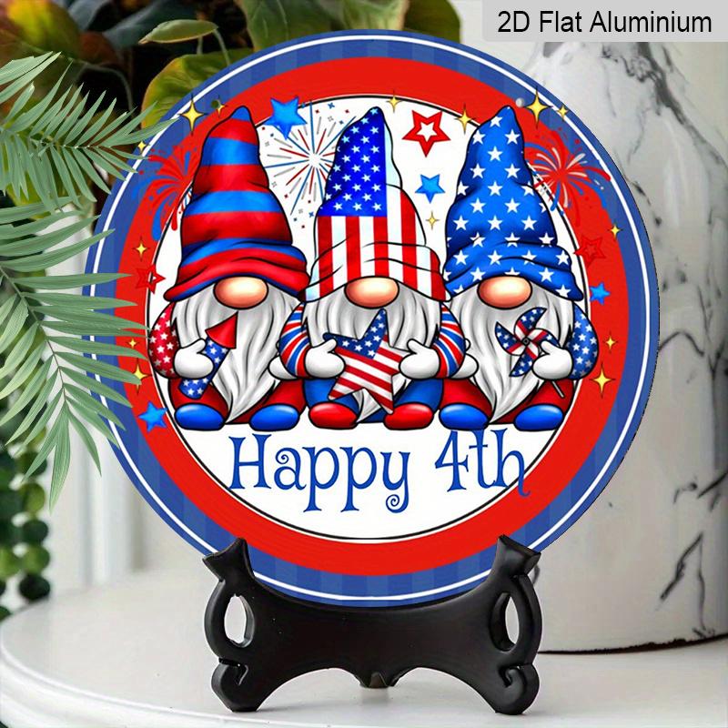 2D Flat, 1pc Round Aluminum "Happy 4th" Patriotic Gnome Sign, 4th of July American Flag Gnomes Metal Plaque, Cute Firework Design, Perfect for