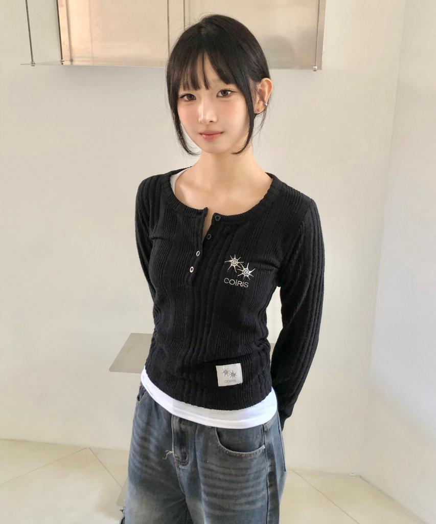 Koiliseu Soft Ribbed Knit Button Long Sleeve Tee