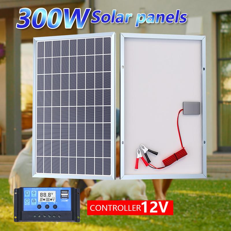 300W Solar Panel Kit Complete 12-18V Polycrystalline Power Portable Outdoor Rechargeable Solar Cell Solar Generator for Home