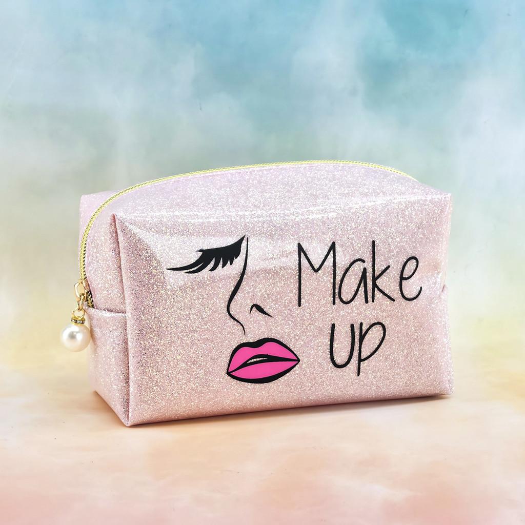 Pvc Glitter Makeup Bag With Character Print For Girls Travel And Storage