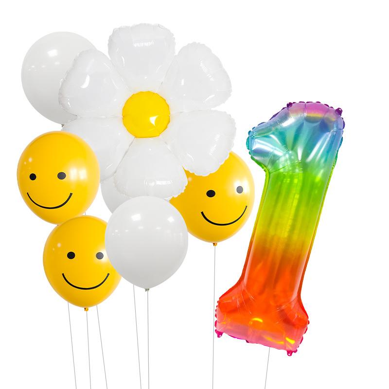 Small Fresh Small Wrinkle Chrysanthemum Yellow Smiley Face Children'S Birthday Digital Jelly Aluminum Film Latex Balloon Bundle
