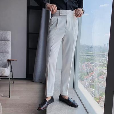 Men Suit Pants Formal Business Style Straight Leg Slim Fit Solid Color Soft High Waist Vintage Pockets Soft Breathable Men Office Trousers