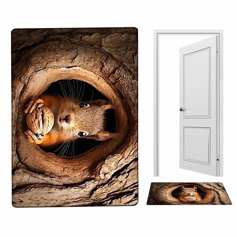 3D Rugs Optical Illusion Squirrel And Dog Soft Non-Slip Quick Dry Mat 3D Optical Illusion Rug For Birthday Halloween