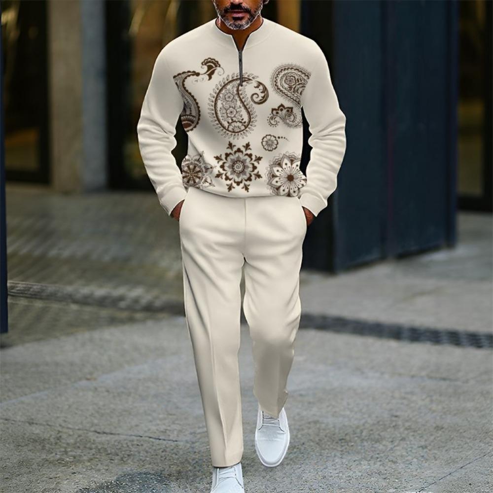 Spring Autumn 3D Printed Fashion Men's Long-Sleeved Sets Half-Zipper Stand-Up Collar Men's Casual Sportswear Two-Piece Set