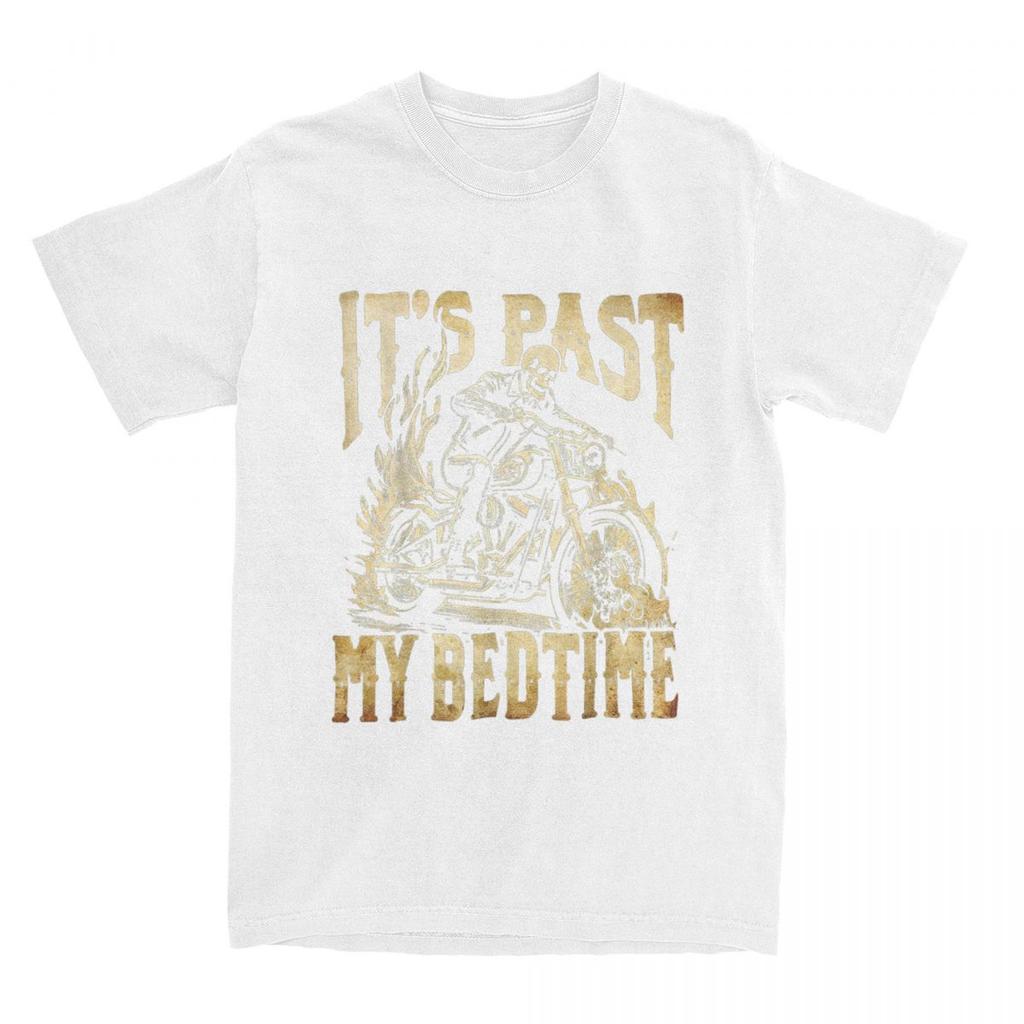 Funny Skeleton Motorcycle Its Past My Bedtime Meme Halloween T Shirt Y2K Cotton Cool Tee Shirt For Men's Short-Sleeve Tees