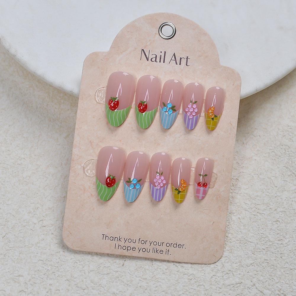 3D Summer Fruit Almond Fake Nails - Nude Color, Fresh European/American Style