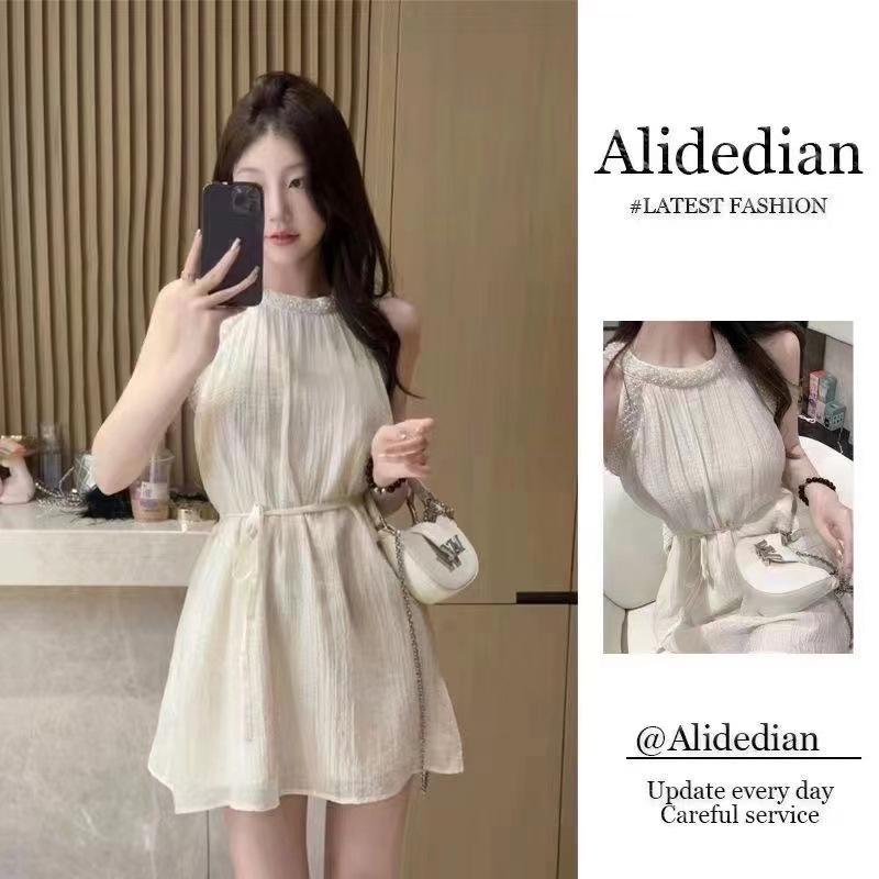 

Elegant Apricot Waist-Cinching Halter A-Line Mini Dress XXL Premium