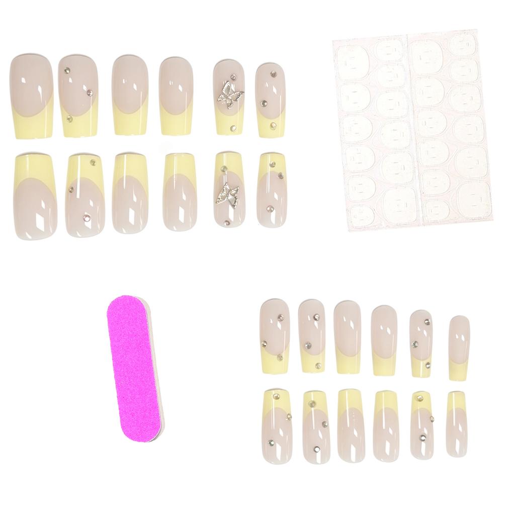 24 Sztuki Manicure Wiosenne Małe Świeże Żółte Francuskie Motyl Nude Średnie I Długie Kwadratowe Noszone Pancerze