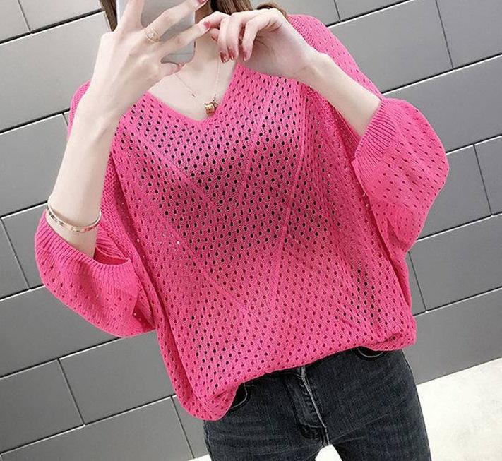 

Топ с рукавом три четверти, летний тонкий, с V-образным вырезом, с рукавом «летучая мышь», футболка, женская блузка, свободный, большого размера, ажурный вязаный свитер, женский One Size F