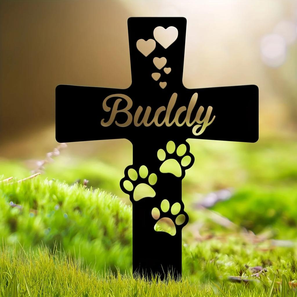 Metal Cross Pet Memorial Stake, Dog Paw Cemetery Garden Post, Waterproof Tombstone Decoration 1pc