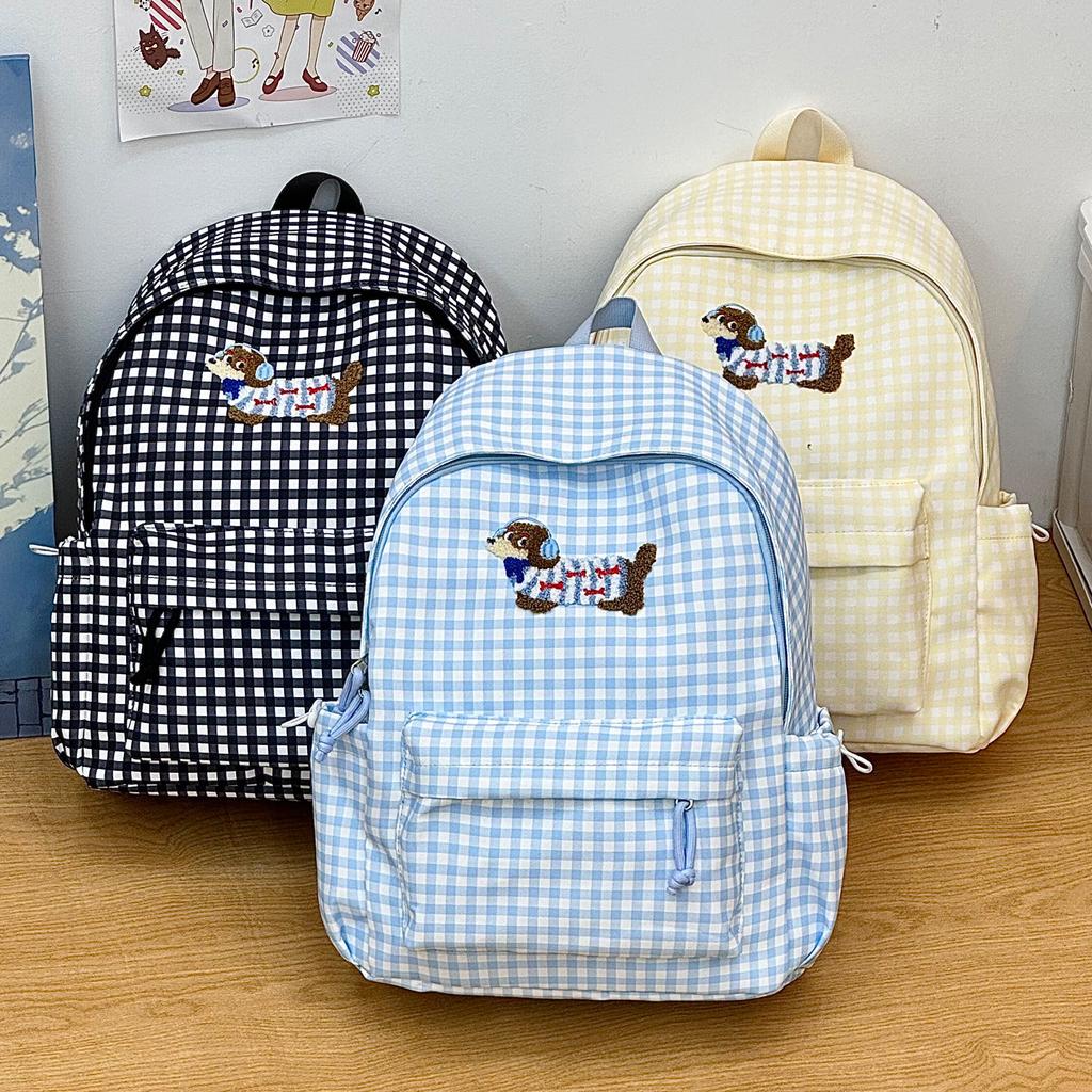 Schoolbag Korean version cartoon cute dachshund dog backpack female large capacity college style student schoolbag versatile plaid backpack