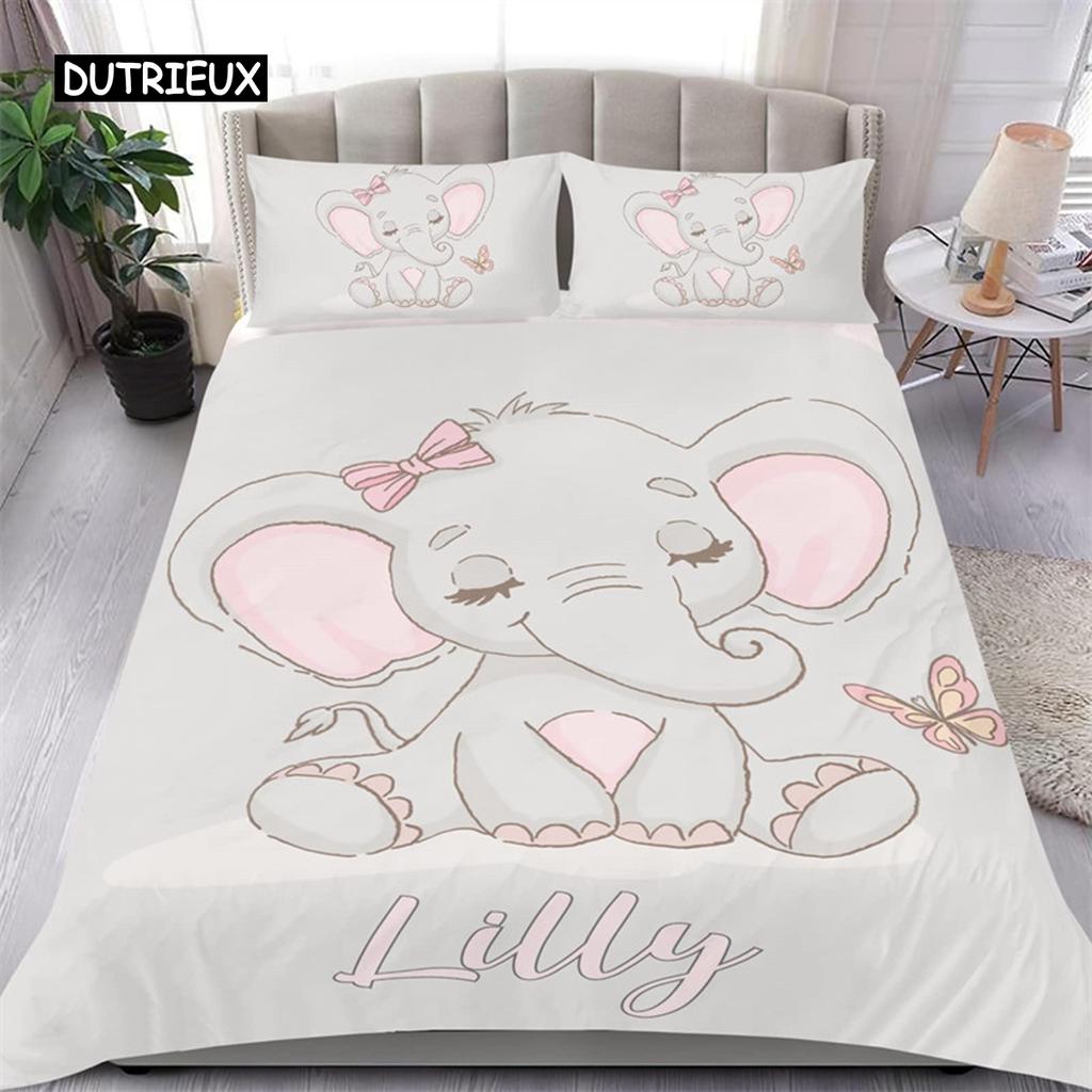 Cute Elephant Duvet Cover Set 2/3 Piece Cartoon Animal Bedding Set 3D Floral Comforter Cover Twin Full King For Boys Girls Gift