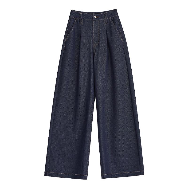 FAESSLIN Dark Blue Faux Denim Wool Wide-Leg Casual Pants