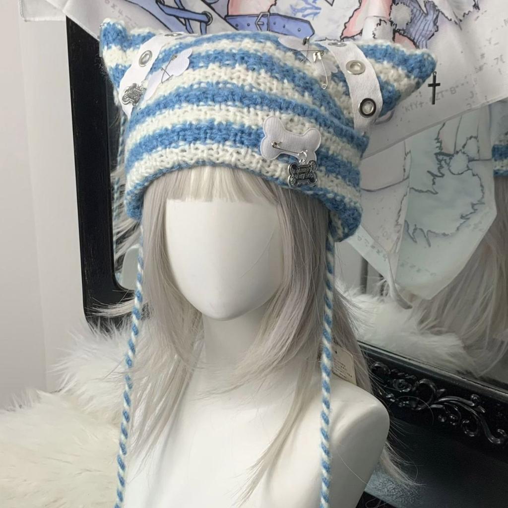 Cat Ear Striped Hat Subculture Streetwear Knitted 2000s Girls Winter Crocheted Hats Cool Photo Props Y2K GIRL