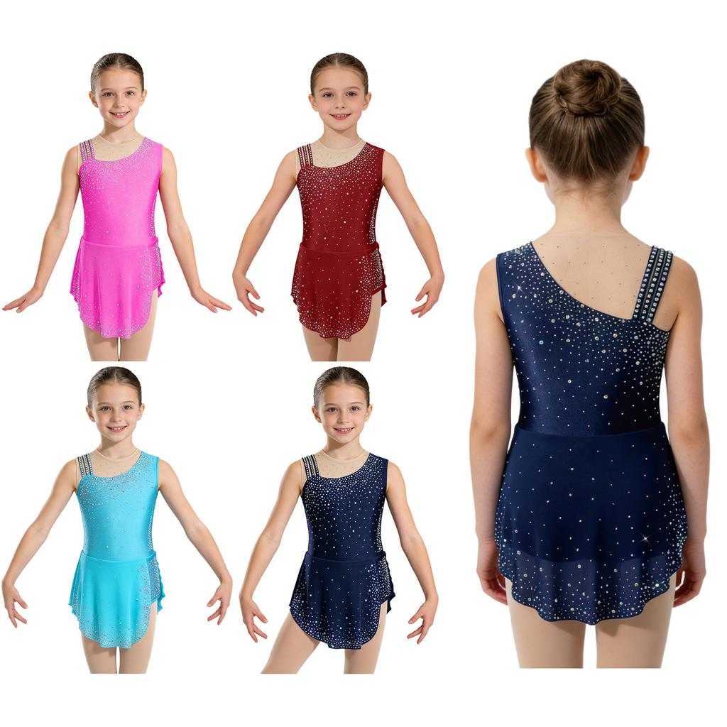Girls Rhythmic Gymnastics Costume Sparkling Rhinestone Mesh Patchwork Sleeveless Dress with Built-in Briefs for Stage Competition