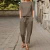 Women's Plus Size Cotton Retro Short Sleeve Crew Neck Straight Leg Tied Trousers Sets