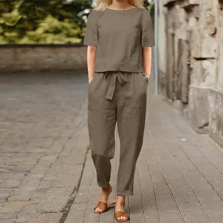 Women's Plus Size Cotton Retro Short Sleeve Crew Neck Straight Leg Tied Trousers Sets