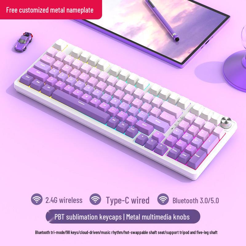 98-Key Wireless Bluetooth Mechanical Keyboard - Blue Switches, PBT Gradient, Gaming/Office, Customizable.