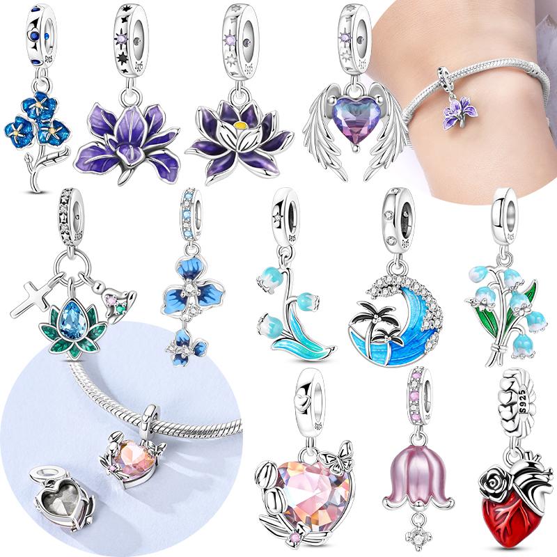 Original Copper Flower Rose Heart Anemone Pendant Water Lily Purple Flower Bead Fit Bracelet Diy Fine Gift Women Jewelry
