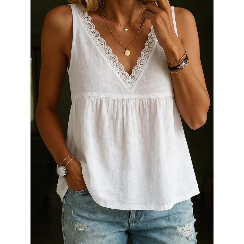 QICED Women's Fashion Casual Solid Color Print Sleeveless V Neck Blouses & Shirts