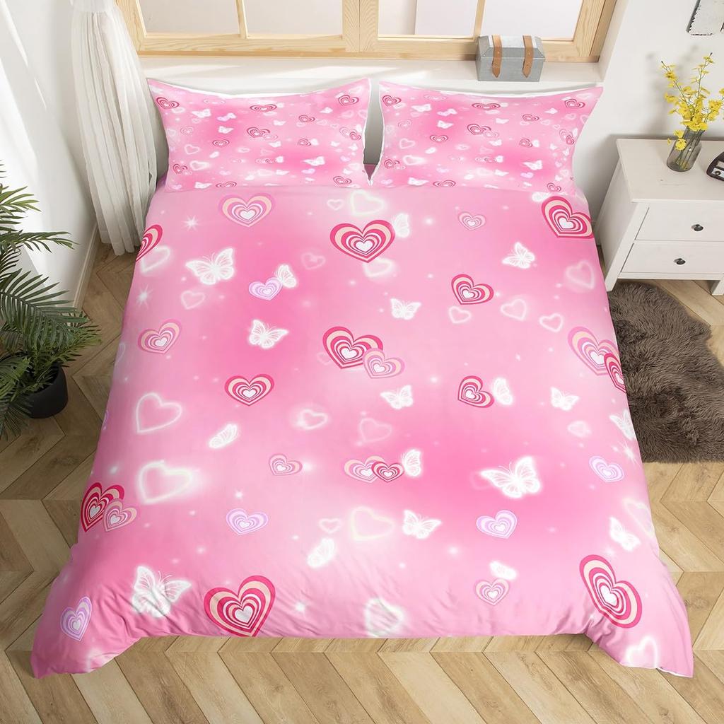 Colorful Love Heart Comforter Cover Queen Pink Black Bedding Set Romantic Duvet Cover Valentine's Day Quilt Cover with Zipper