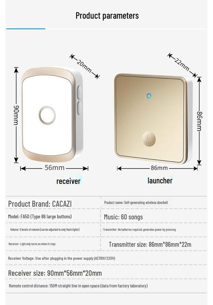 Wireless Self-Powered Doorbell: Long-Range, Waterproof, Large Panel, Elderly Call Button, Universal Fit