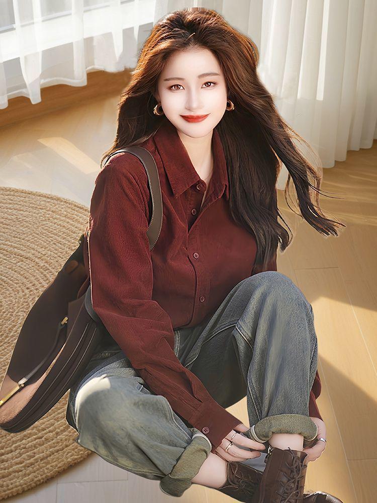 Women's Retro Corduroy Loose Long-Sleeve Shirt - Casual, Versatile, Meat-Concealing 