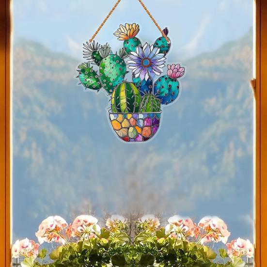 Yousheng Cactus Window Decor, Acrylic with Hemp Rope Lanyard Suncatcher, Lightweight Double Sided Printed Tropical Wall