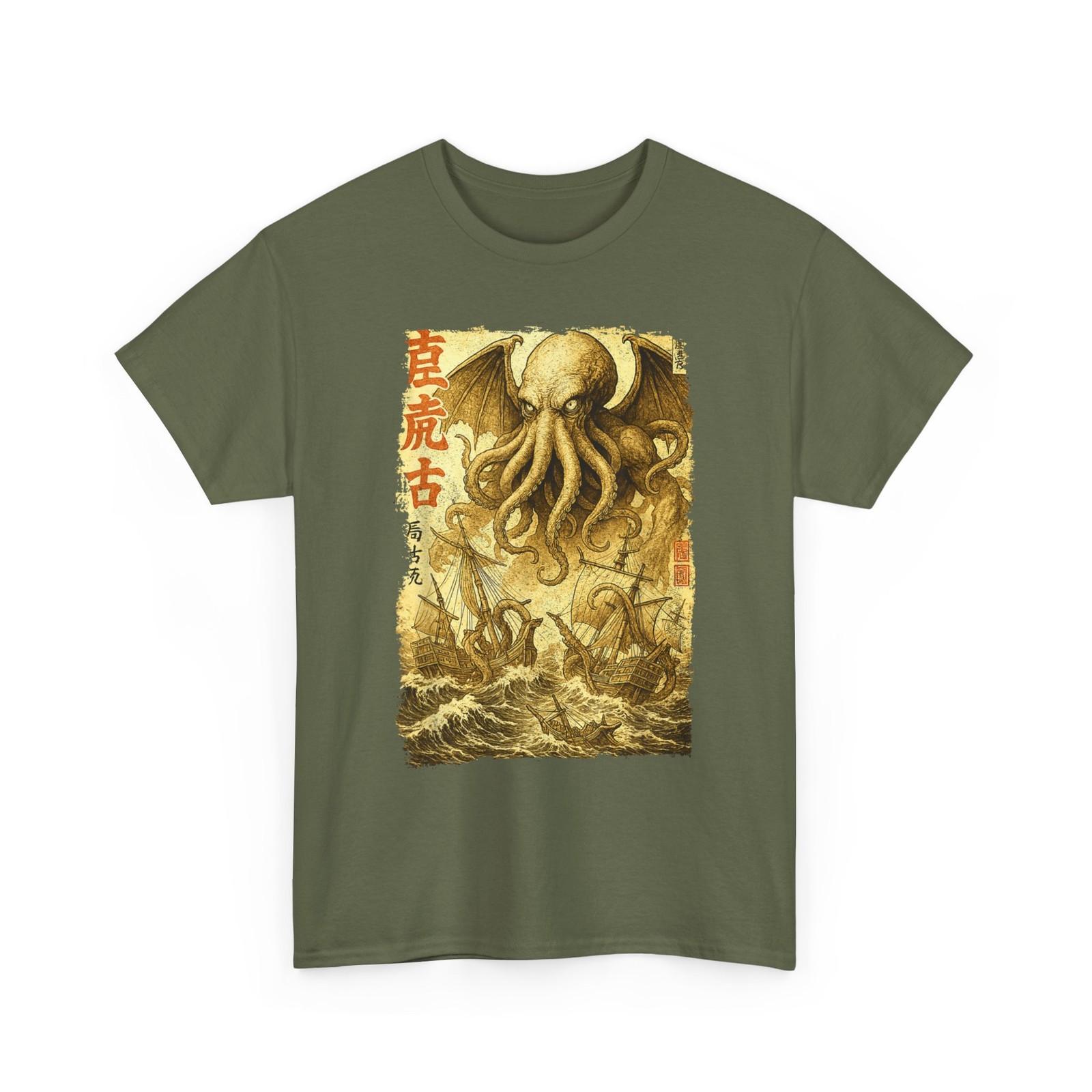 Cthulhu Sea Battle Shirt, Japanese War Ship Sea Monster Men T-Shirt XL