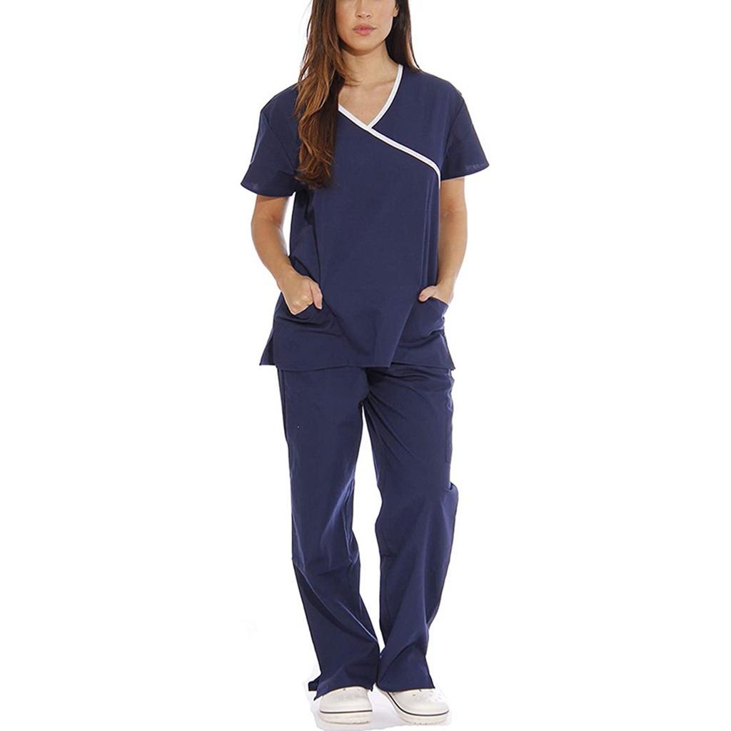 Women Short Sleeve V-neck Tops+Pants Working Set Suit