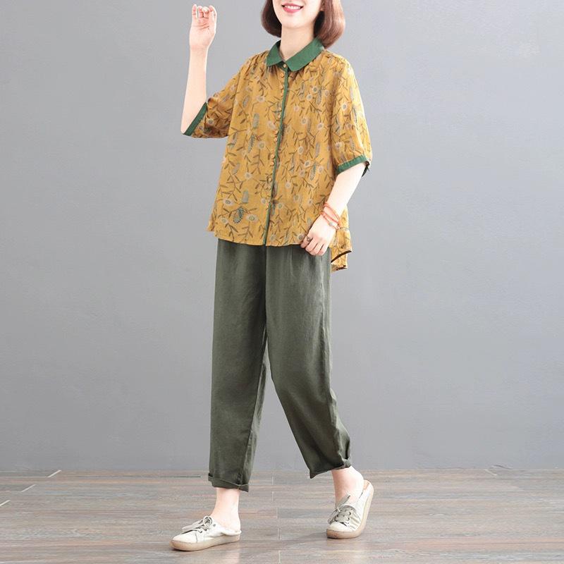 2025 Korean Plus-Size Retro Print Two-Piece Set for Women