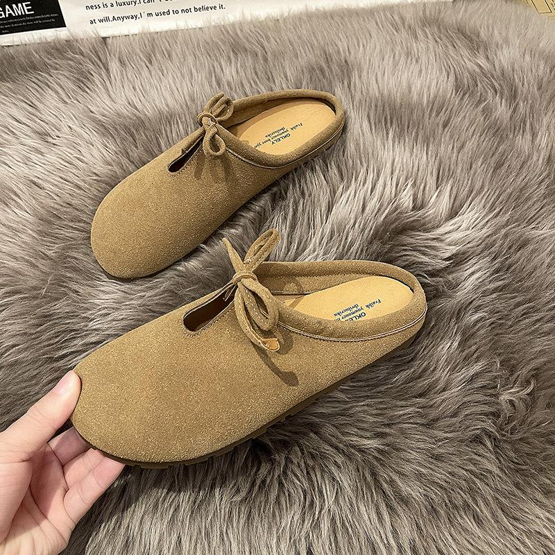 

Japanese small fresh Mori suede slippers women s 2025 autumn new outer wear lace-up lazy Muller flat-bottomed bag head tow 35