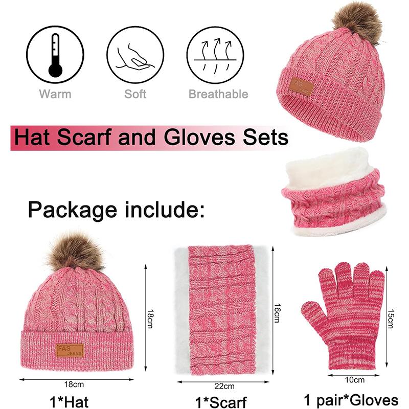 3PCS/set Kids Hat Scarf Gloves Set Baby Winter Warm Girls Boys Pompom Beanie Cap